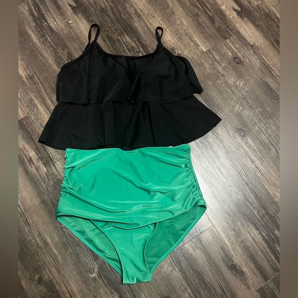 Chic Black and Green Two-Piece Swimsuit